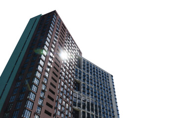 A low-angle view of a modern high-rise apartment building isolated on a transparent background with a bright sun flare
