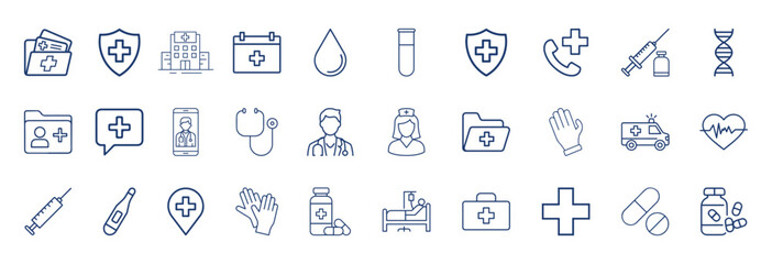 Medical healthcare line icon set. Vector pictograms of stethoscope, thermometer, syringe, pill, medicine, emergency, cross, heart, blood test, ambulance, bed, telehealth, thin linear. vector eps file