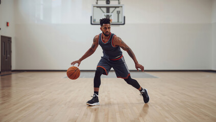 Fototapeta premium Focused basketball player dribbles alone on pale wooden court with minimalist backdrop