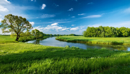 Lush Green Meadow With A Tranquil River And Trees Under A Bright Blue Sky During Midday