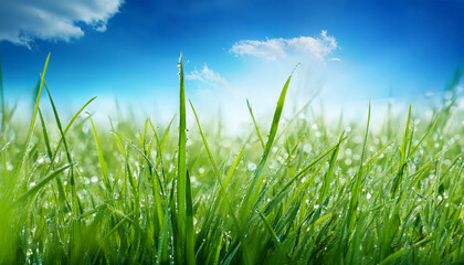 Fototapeta premium Fresh Green Grass With Dew Drops And Blue Sky