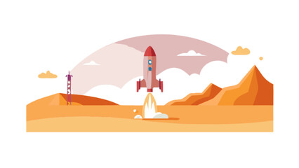 Rocket launching from a stylized alien planet landscape