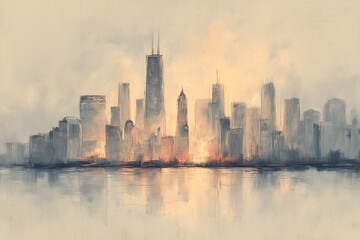 Obraz premium City Skyline Emerging from Mist with Golden Light