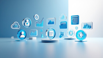 Abstract Data Visualization A Dynamic Arrangement of Floating Icons Representing Cloud Computing Analytics and Digital Information on a Light Blue Gradient Backdrop