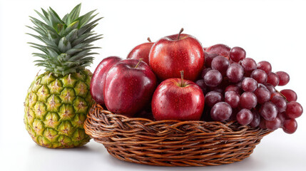 Fresh Fruit Basket: Pineapple, Apples, Grapes on White