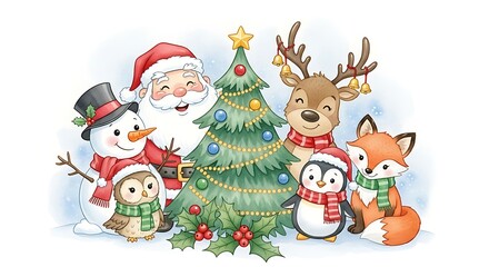 Festive Christmas Gathering with Santa Claus Snowman Reindeer Owl Penguin and Fox Celebrating the Holiday Season Around a Decorated Tree Spreading Joy and Warmth