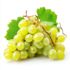 Fresh Green Grapes with Leaf on White Background
