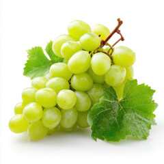 Fresh Green Grapes with Leaves Isolated on White