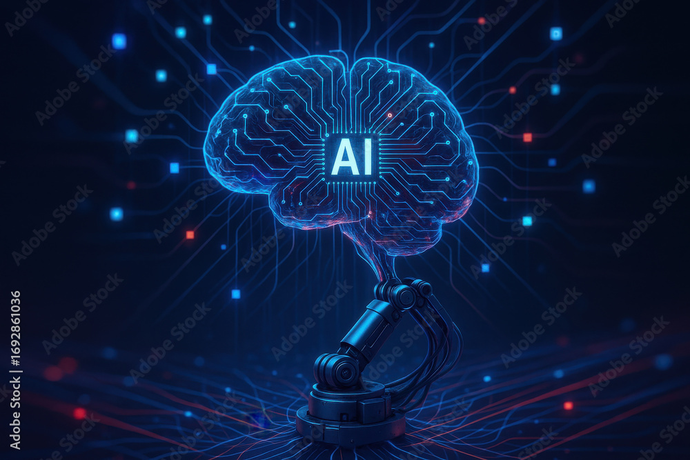 Poster artificial intelligence concept with robotic arm and digital brain glowing