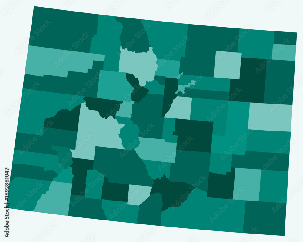 Poster map of colorado with counties. just a simple state border map with county division. teal color palet