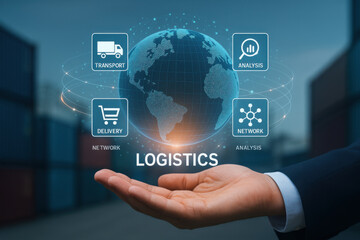 Logistics concept with global network, transport, delivery, and analysis icons over hand