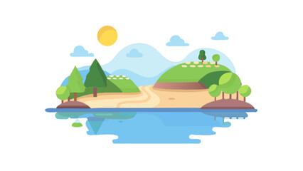 Flat design landscape with sunny sky and reflecting water