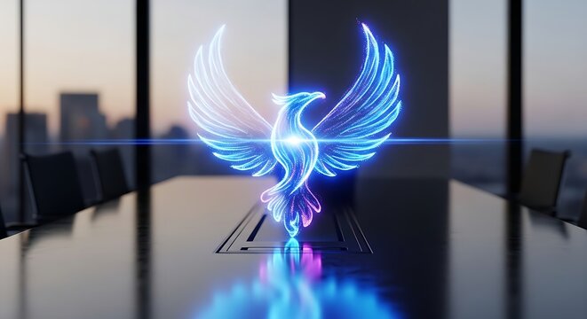 Holographic phoenix emblem on a conference table in a modern office with city view outside windows