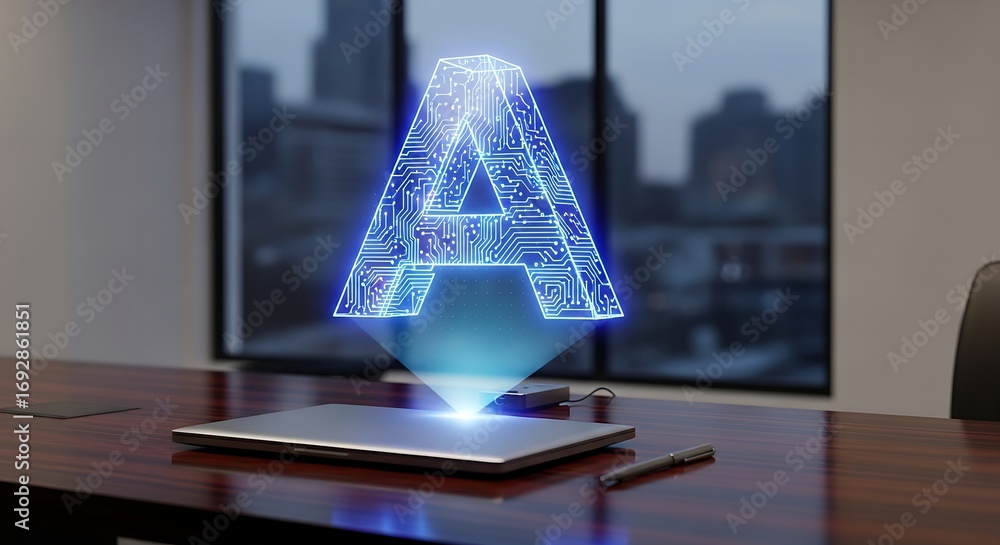 Poster holographic a projection on a laptop in a modern office setting with a city view in the background