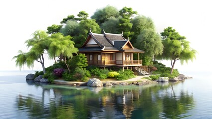 Obraz premium Asian-style house on a tropical island with lush foliage.