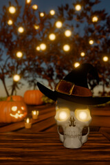 Halloween skull with glowing eyes wearing a witch hat surrounded by pumpkins at night. 3d rendering