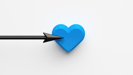 Conceptual Arrow Piercing a Blue Heart Symbol on a White Background Representing Focus, Precision, and Emotional Impact in a Modern and Minimalist Style
