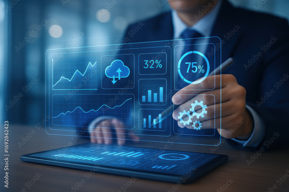 Poster businessman using digital tablet with futuristic financial data and analytics interface showing