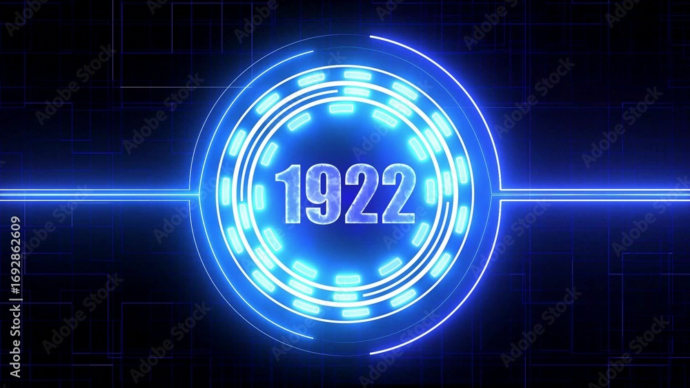 Poster blue neon circular interface with the year 1922 glowing on a dark digital grid number numeral