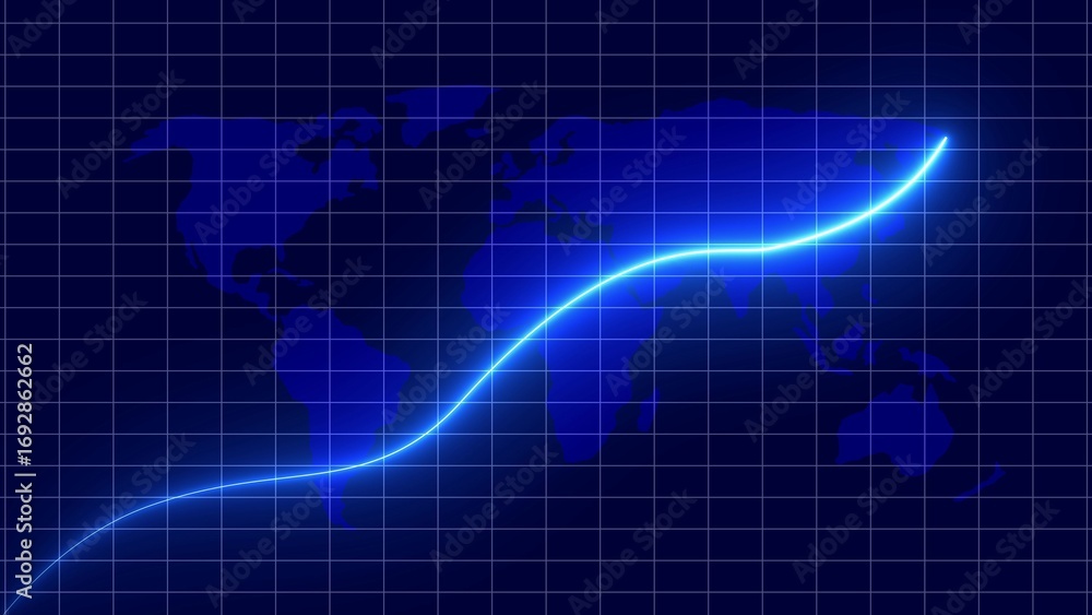 Poster blue neon graph line ascending over world map grid background chart growth