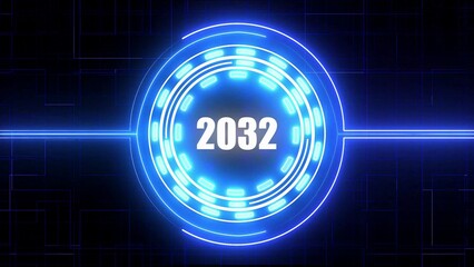 Blue Neon Futuristic Circle with Year 2032 Displayed in Center on Dark Grid Background future