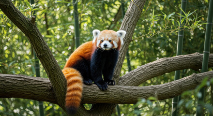 A red panda sits on a tree branch in a forest