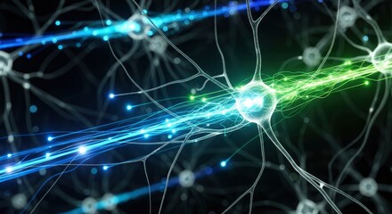 A vibrant network of glowing blue and green light streams connecting translucent cellular structures on a dark background