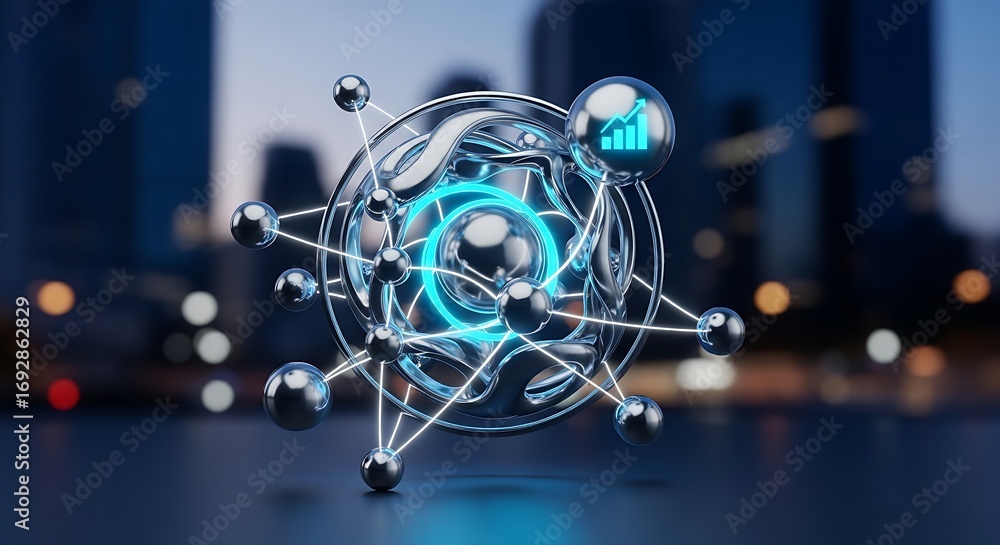 Poster abstract network structure with glowing center and graph icon against blurred city backdrop