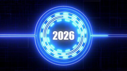 Futuristic Blue Neon Circle with Year 2026 and Digital Grid Background future technology