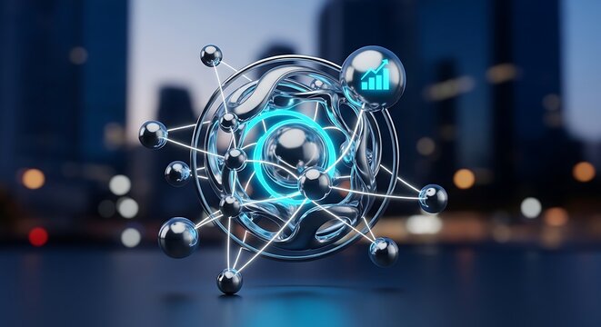 Abstract network structure with glowing center and graph icon against blurred city backdrop - Powered by Adobe