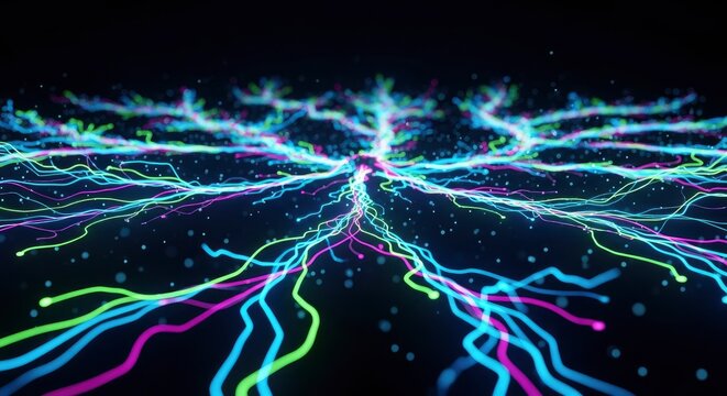 A vibrant network of glowing blue green and magenta lines branches out on a dark background interspersed with luminous particles