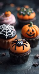 Halloween cupcakes with spooky decorations.  Close-up of several cupcakes, decorated with  orange icing pumpkins, spiderwebs, and spiders.  Dark-colored frosting and textured paper liners.