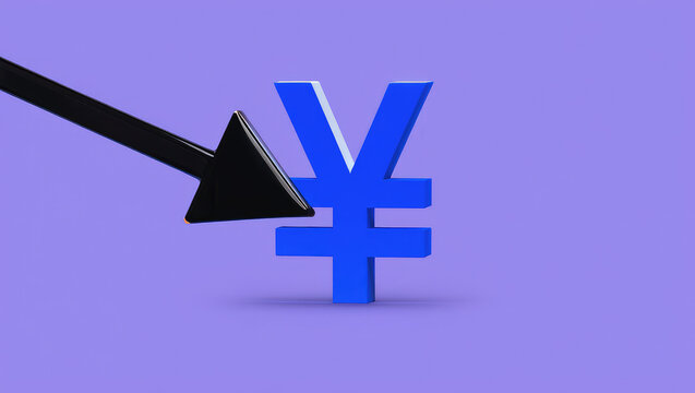 Dramatic Visual of a Falling Arrow Pointing Downward at a Blue Yen Symbol Against a Light Purple Background Representing Economic Decline and Financial Loss