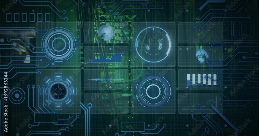 Leinwandbilder interface initializing grid animating circuit traces updating ui elements monitoring data flow