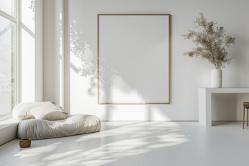 A serene and bright minimalist study room with a smooth white floor and a large, empty white picture frame hanging on a pristine white wall.  