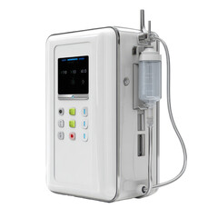 Obraz premium Medical infusion pump positioned on a sterile white surface used for administering fluids in a healthcare setting