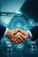 Artificial intelligence technology handshake with logistics and security icons