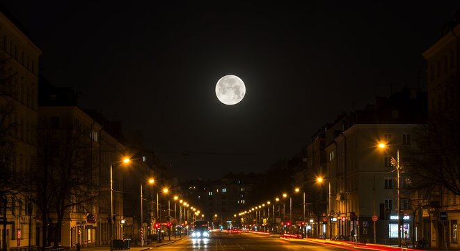 Full moon over city street - Powered by Adobe