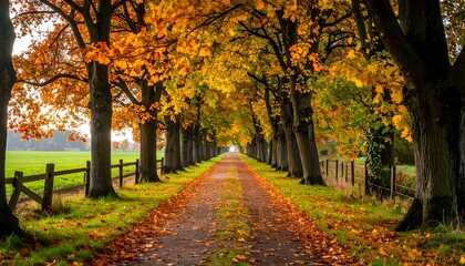 Naklejka premium Autumnal avenue lined with vibrant trees