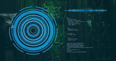 On startup blue concentric HUD fading in, pulsing rings syncing audio waveform and parsing code - Powered by Adobe
