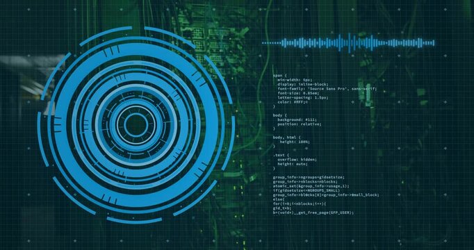 On startup blue concentric HUD fading in, pulsing rings syncing audio waveform and parsing code