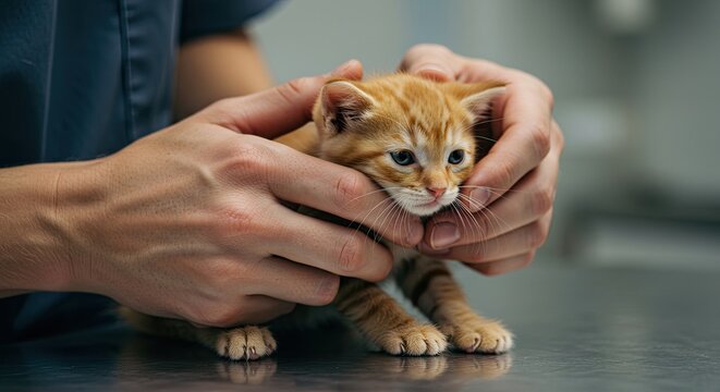 Tiny Orange Kitten Held by Gentle Hands on Gray Table at Vet Clinic - Powered by Adobe
