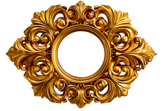 Vintage baroque frame with golden ornamental flourishes, luxury vector style, isolated on transparent background