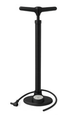 Photo of a black bicycle floor pump with a pressure gauge and hose, isolated on transparent background