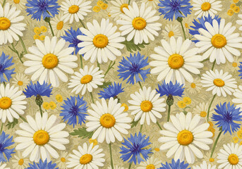 Daisies and cornflowers botanical pattern for spring textiles or floral designs with a natural meadow feel