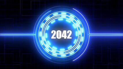 Blue Neon Circle With Year 2042 Glowing Brightly On A Dark Digital Grid Background future date