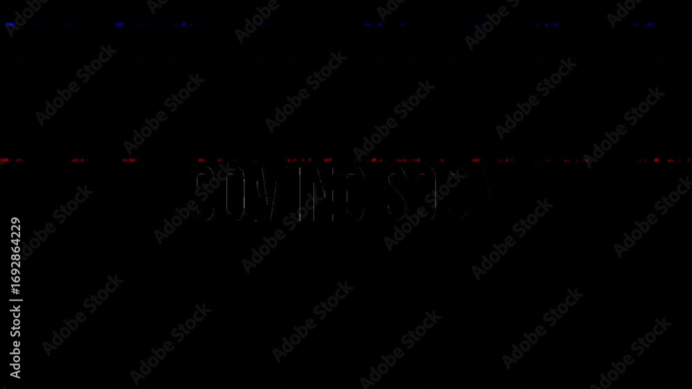 Aufkleber coming soon glitch screen with rgb interference, distorted text and colored static lines on black ba