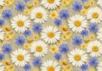 Delightful daisy and cornflower pattern creates a vibrant spring feeling with a touch of rustic charm