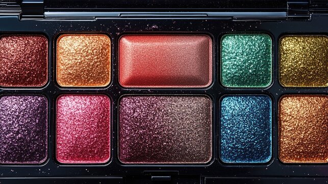 Close-up of colorful eyeshadow palette with glittery shades