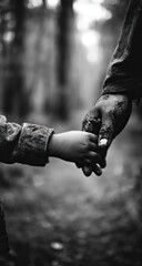 Close-up black and white image of a child's hand clasped in an adult's hand, in a forest setting